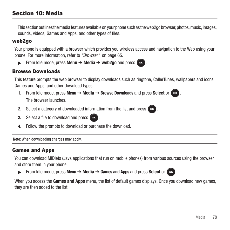 Section 10: media, Web2go, Browse downloads | Games and apps, Web2go browse downloads games and apps | Samsung SGH-T369ZKDTMB User Manual | Page 81 / 153