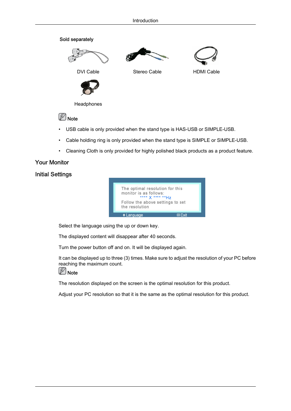 Your monitor, Initial settings | Samsung LS24KIQKFV-XAA User Manual | Page 10 / 36