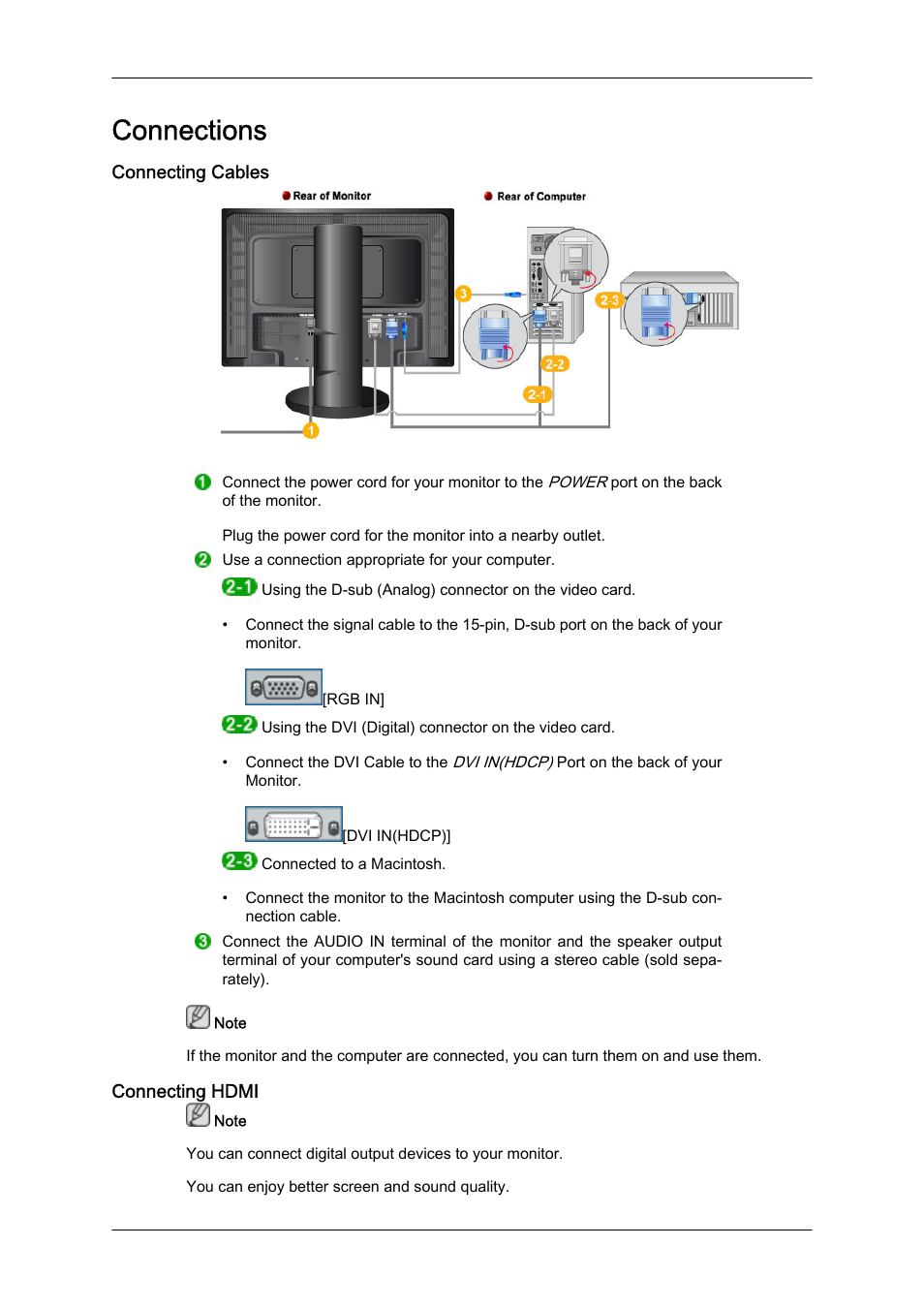 Connections, Connecting cables, Connecting hdmi | Samsung LS24KIQKFV-XAA User Manual | Page 15 / 36