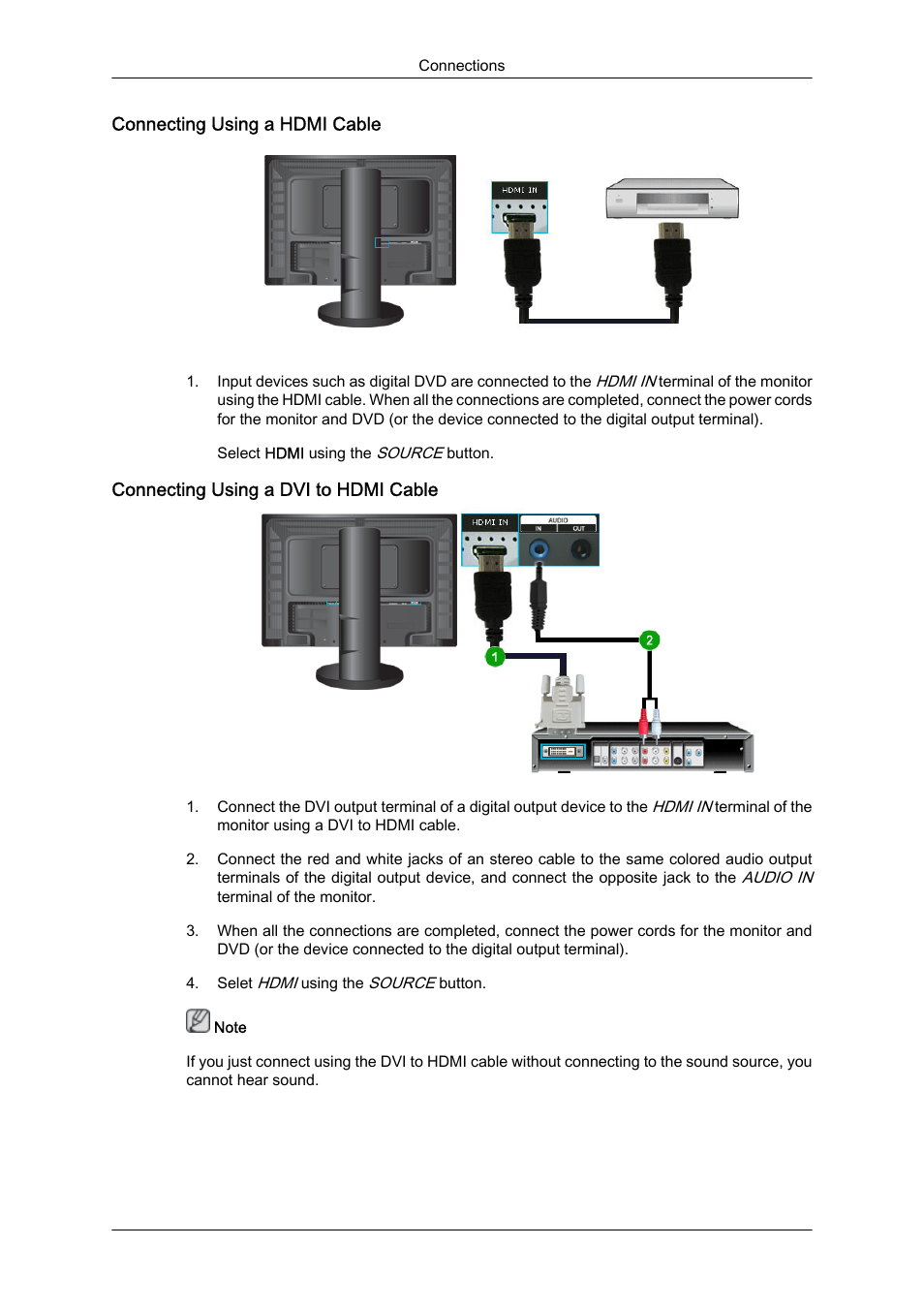 Connecting using a hdmi cable, Connecting using a dvi to hdmi cable | Samsung LS24KIQKFV-XAA User Manual | Page 16 / 36