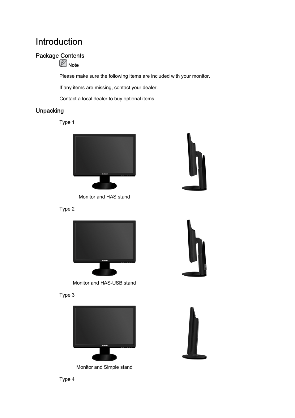 Introduction, Package contents, Unpacking | Samsung LS24KIQKFV-XAA User Manual | Page 2 / 36
