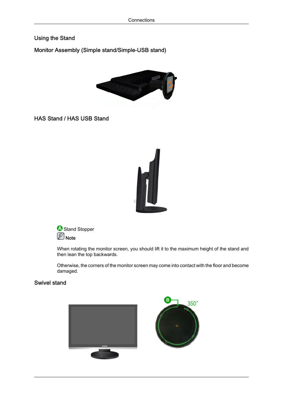 Using the stand, Monitor assembly (simple stand/simple-usb stand), Has stand / has usb stand | Swivel stand | Samsung LS24KIQKFV-XAA User Manual | Page 26 / 36