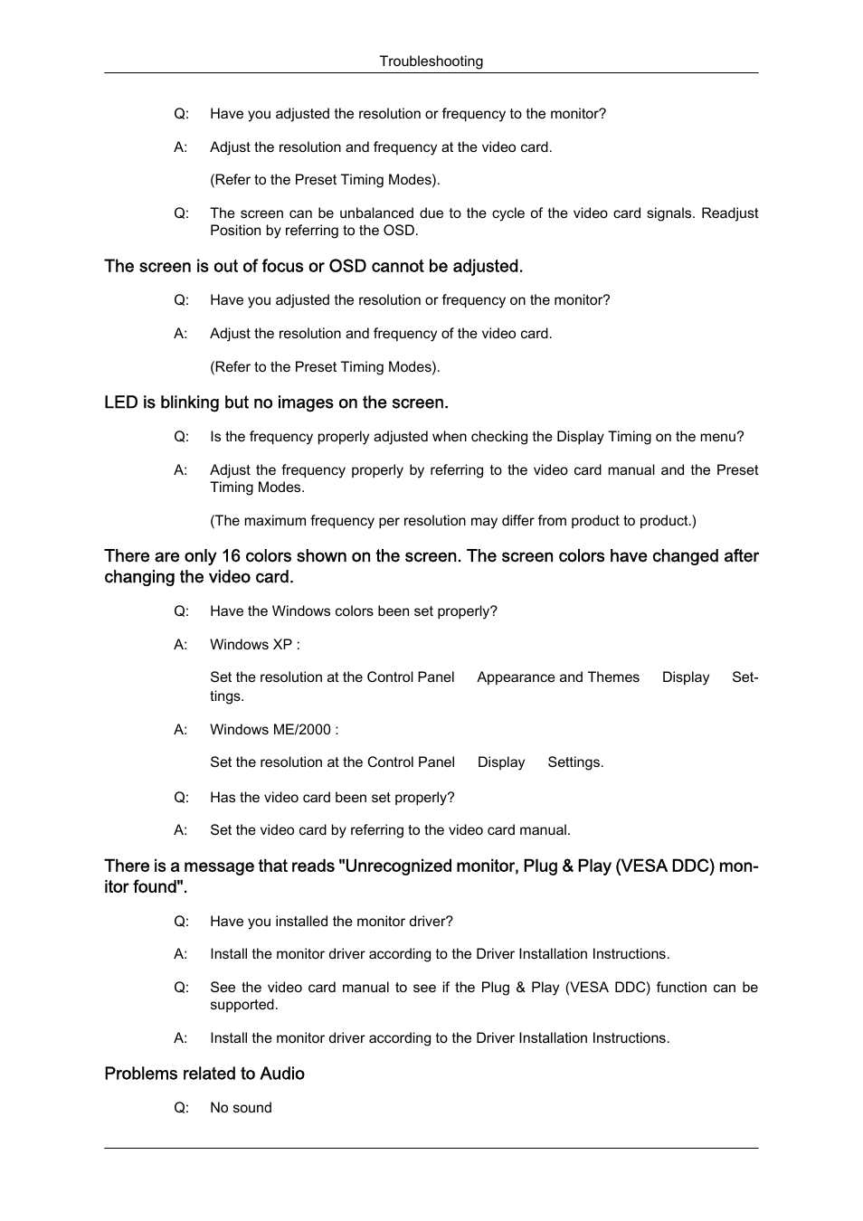 Led is blinking but no images on the screen, Problems related to audio | Samsung LS24KIQKFV-XAA User Manual | Page 33 / 36