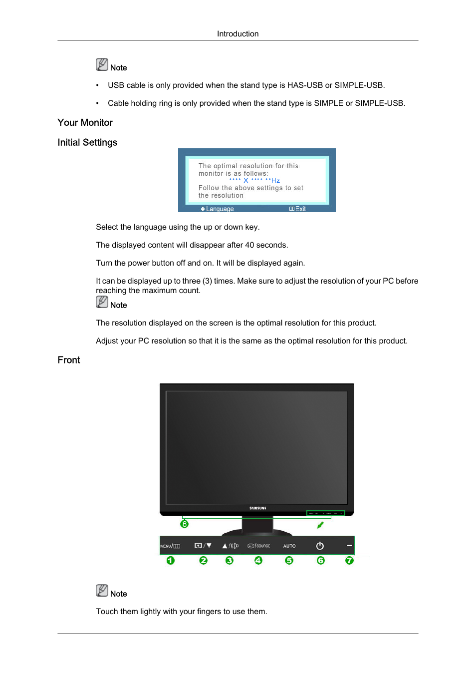 Your monitor, Initial settings, Front | Samsung LS24KIQKFV-XAA User Manual | Page 4 / 36