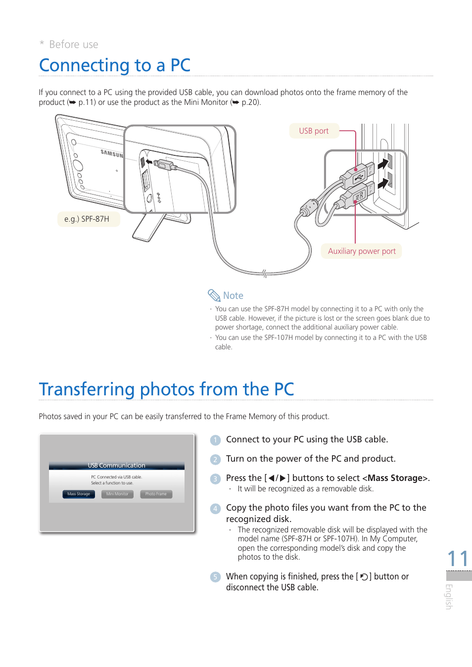 Connecting to a pc, Transferring photos from the pc, Connecting to a pc transferring photos from the pc | Before use | Samsung LP08IPLEBT-ZA User Manual | Page 11 / 30