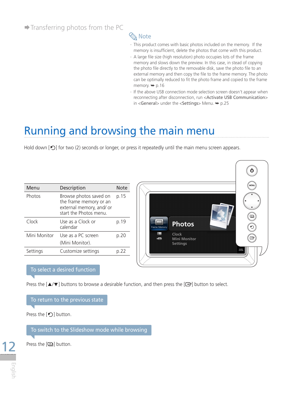 Running and browsing the main menu, Transferring photos from the pc, Photos | Samsung LP08IPLEBT-ZA User Manual | Page 12 / 30