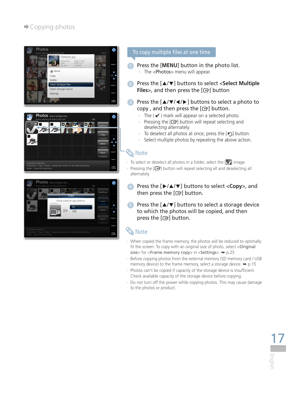 Copying photos, English to copy multiple files at one time, Press the [ menu ] button in the photo list | The < · photos> menu will appear | Samsung LP08IPLEBT-ZA User Manual | Page 17 / 30