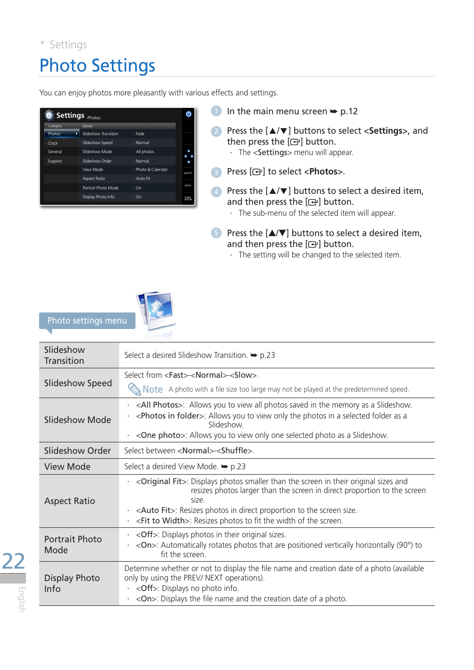 Photo settings, Settings | Samsung LP08IPLEBT-ZA User Manual | Page 22 / 30