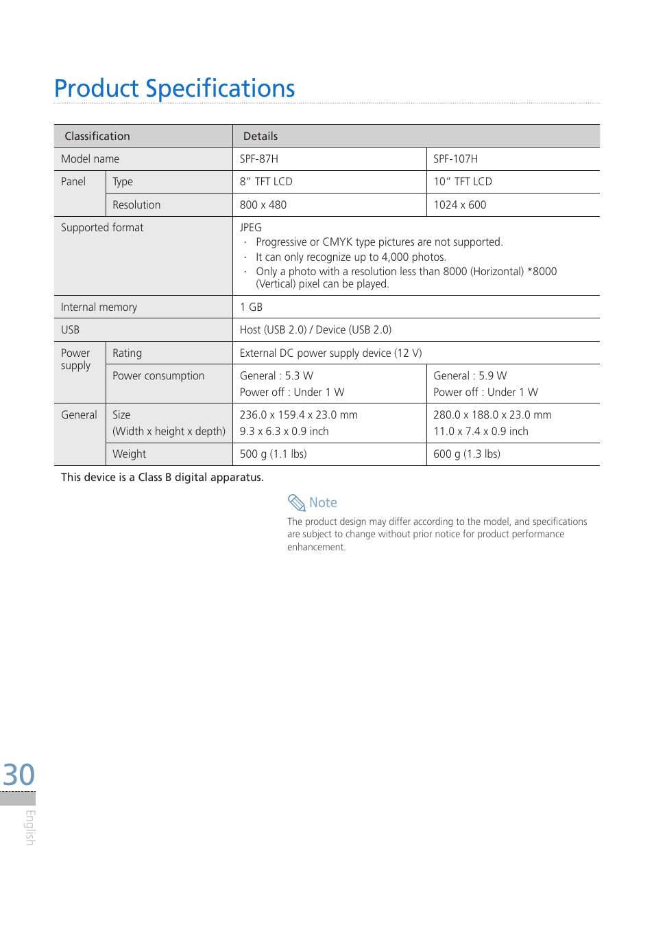 Product specifications | Samsung LP08IPLEBT-ZA User Manual | Page 30 / 30