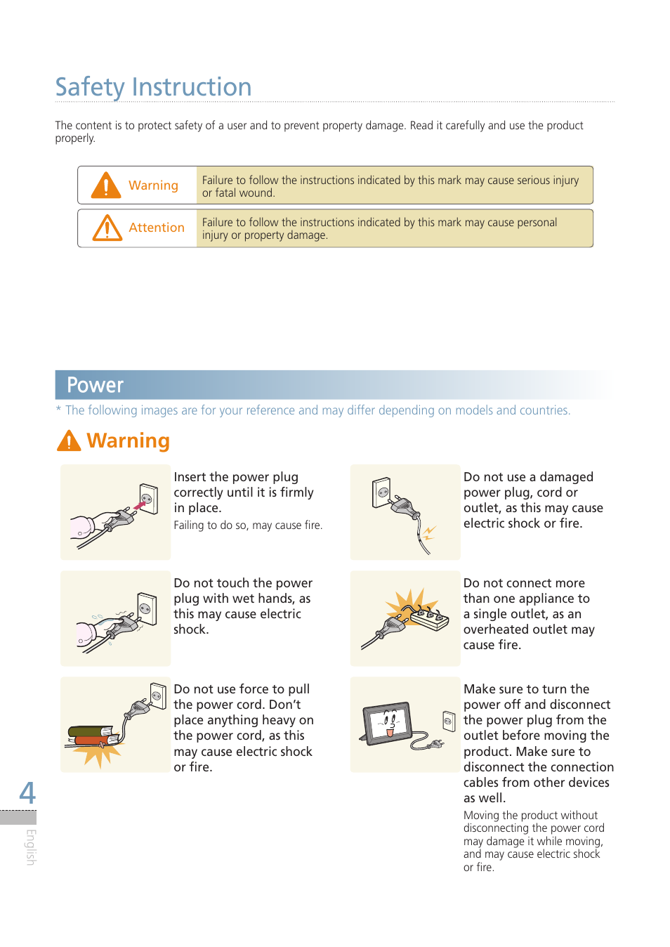 Safety instruction, 경고 주의 경고 주의, Power | Warning | Samsung LP08IPLEBT-ZA User Manual | Page 4 / 30