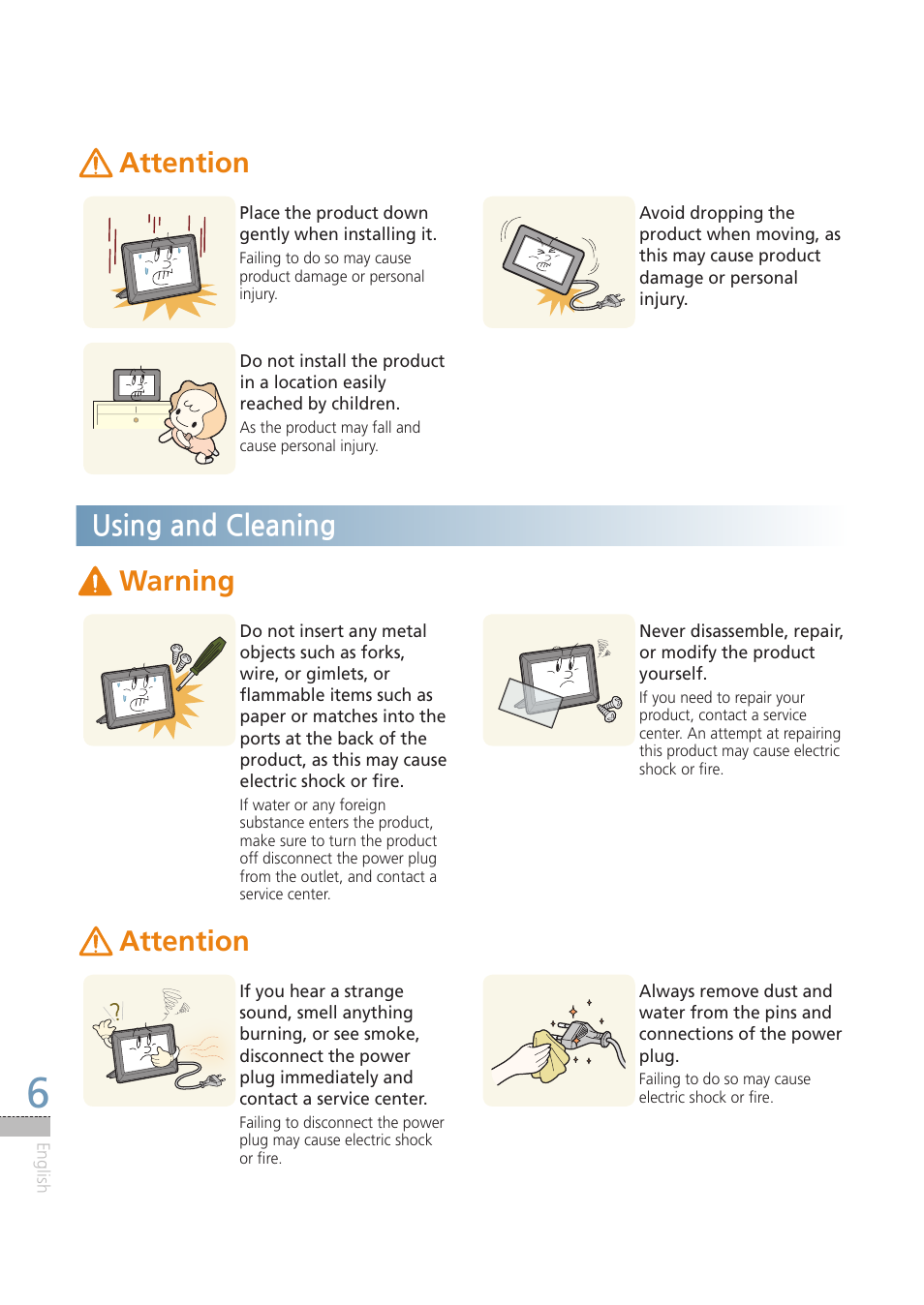 Attention, Using and cleaning, Warning | 경고 주의 경고 주의 | Samsung LP08IPLEBT-ZA User Manual | Page 6 / 30