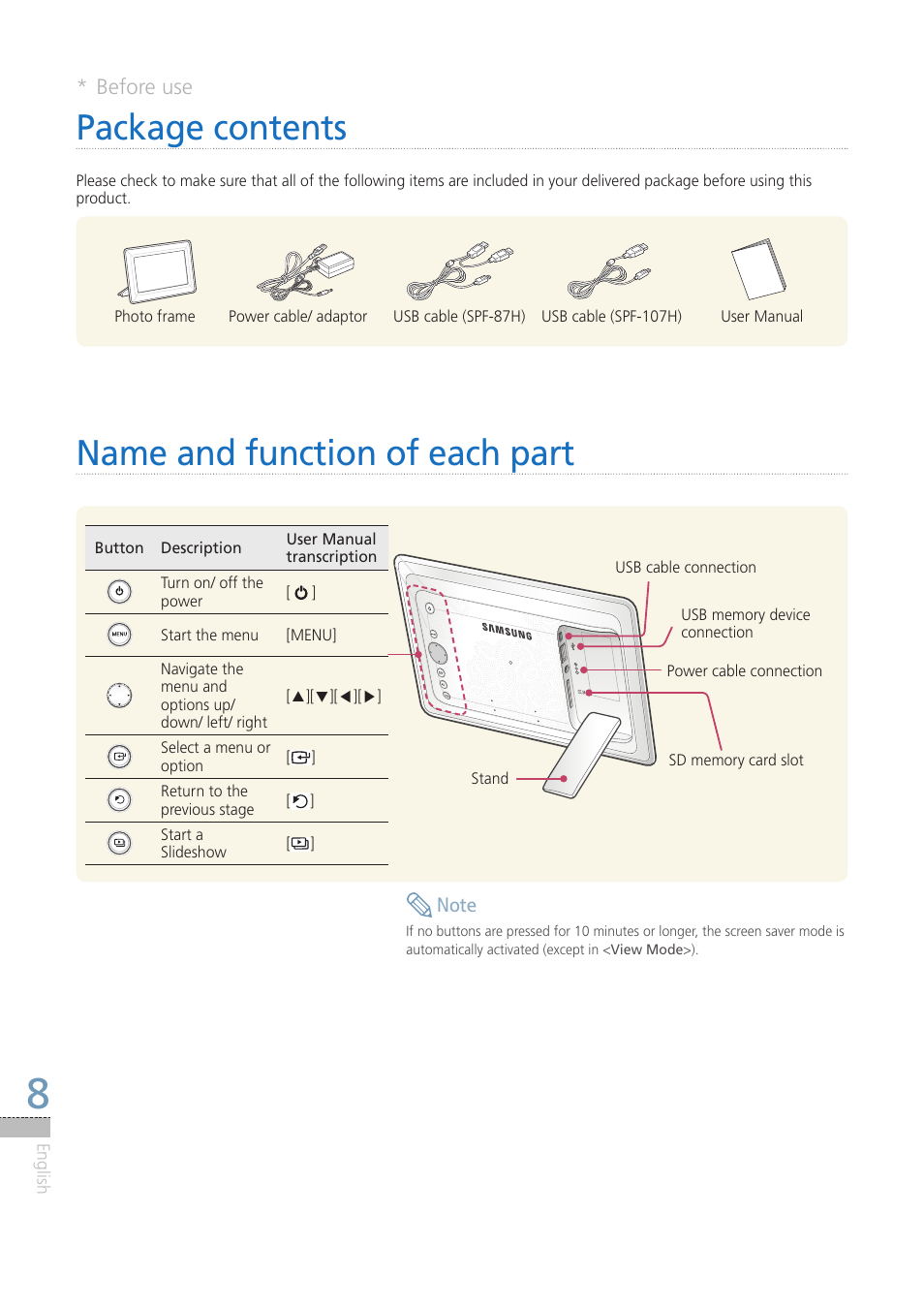 Before use, Package contents, Name and function of each part | Package contents name and function of each part | Samsung LP08IPLEBT-ZA User Manual | Page 8 / 30