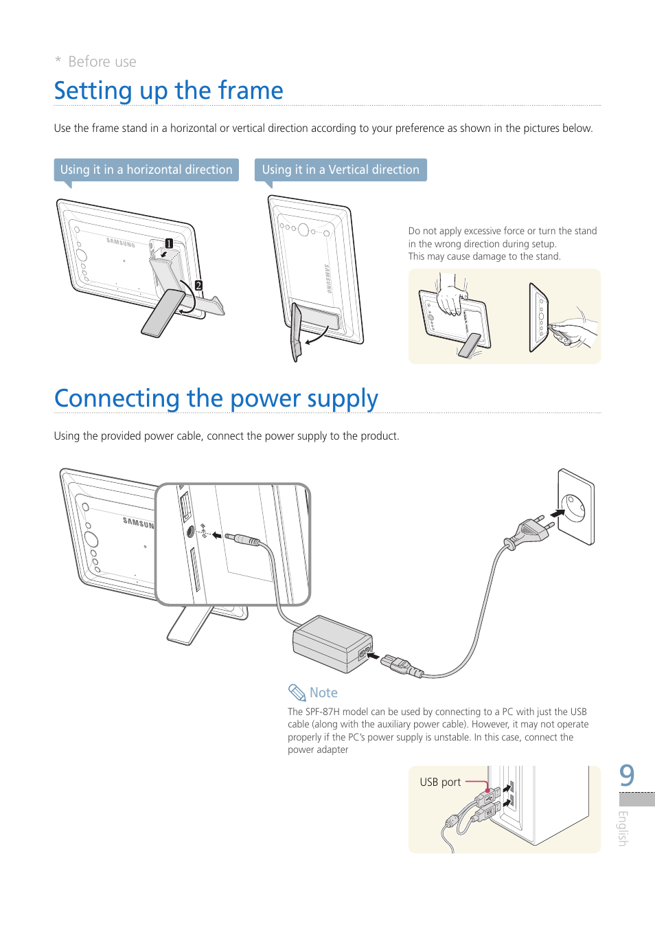 Setting up the frame, Connecting the power supply, Setting up the frame connecting the power supply | Samsung LP08IPLEBT-ZA User Manual | Page 9 / 30