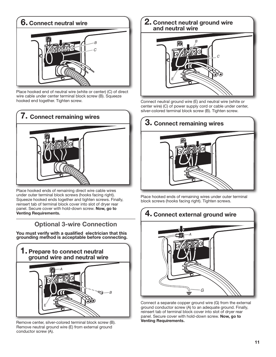 Optional 3-wire connection, Connect neutral ground wire and neutral wire, Connect remaining wires | Connect external ground wire, Connect neutral wire | Amana W10300459A User Manual | Page 11 / 20