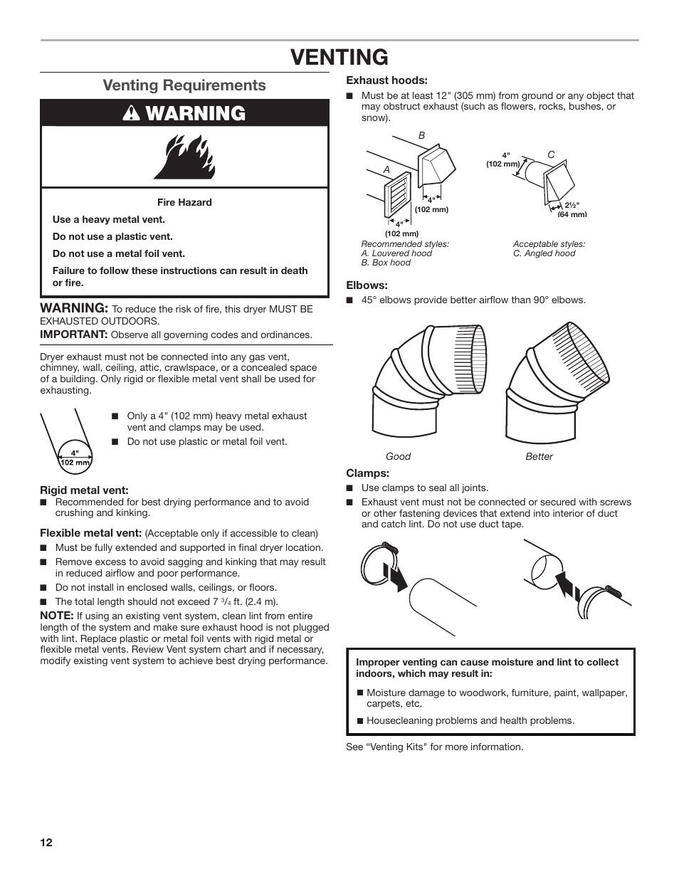 Venting, Warning, Venting requirements | Amana W10300459A User Manual | Page 12 / 20