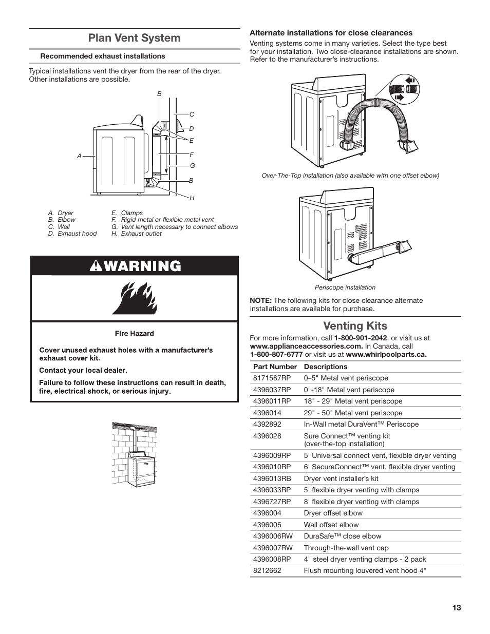 Plan vent system, Venting kits | Amana W10300459A User Manual | Page 13 / 20