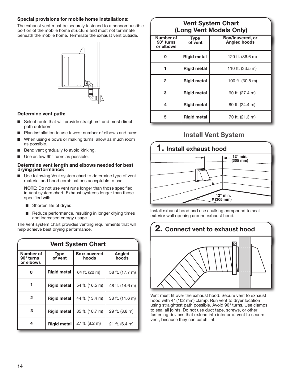 Install vent system, Vent system chart, Install exhaust hood | Connect vent to exhaust hood, Vent system chart (long vent models only) | Amana W10300459A User Manual | Page 14 / 20