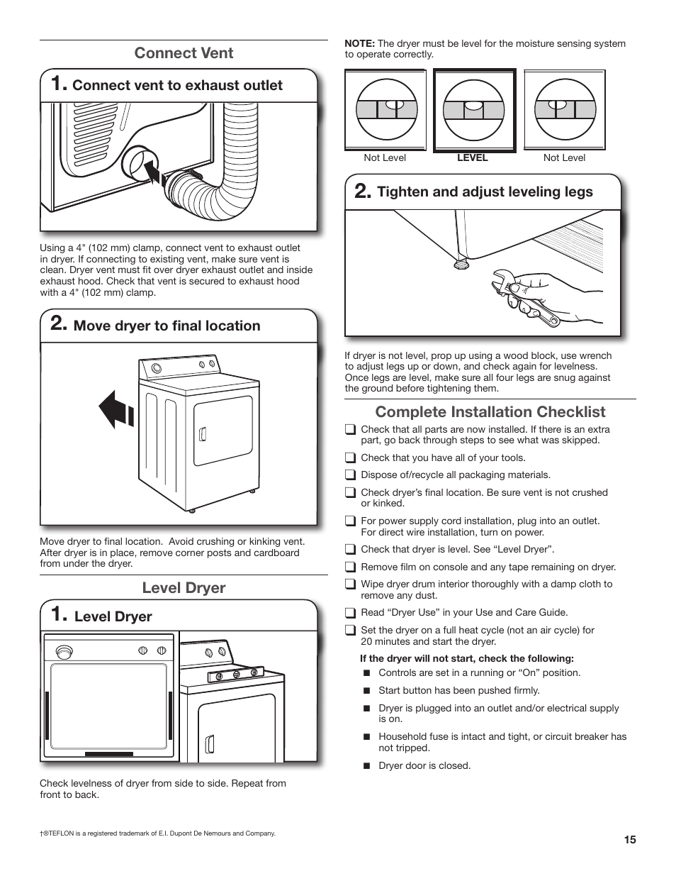 Connect vent, Level dryer, Complete installation checklist q | Connect vent to exhaust outlet, Tighten and adjust leveling legs, Move dryer to final location | Amana W10300459A User Manual | Page 15 / 20