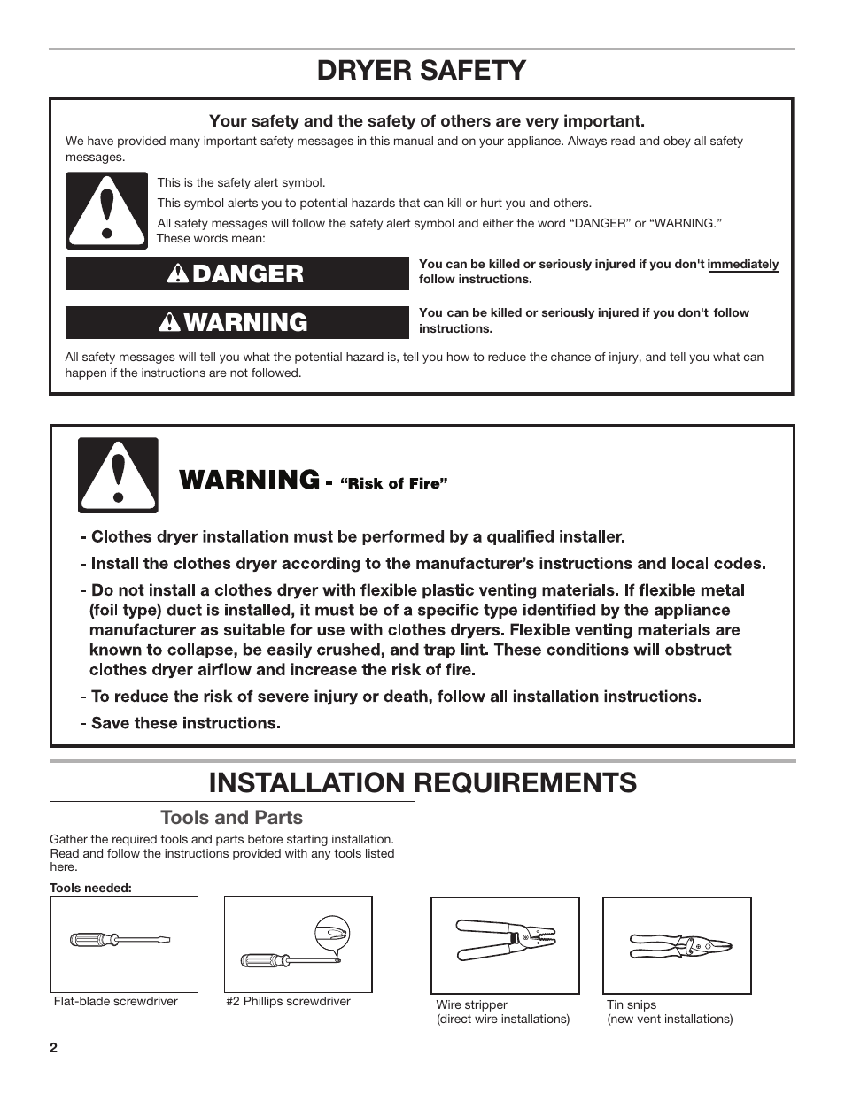 Dryer safety, Installation requirements, Danger warning | Tools and parts | Amana W10300459A User Manual | Page 2 / 20
