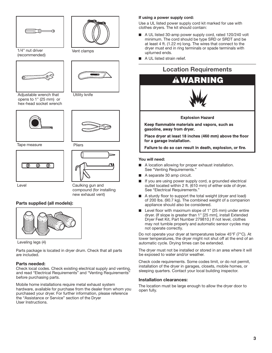 Location requirements | Amana W10300459A User Manual | Page 3 / 20