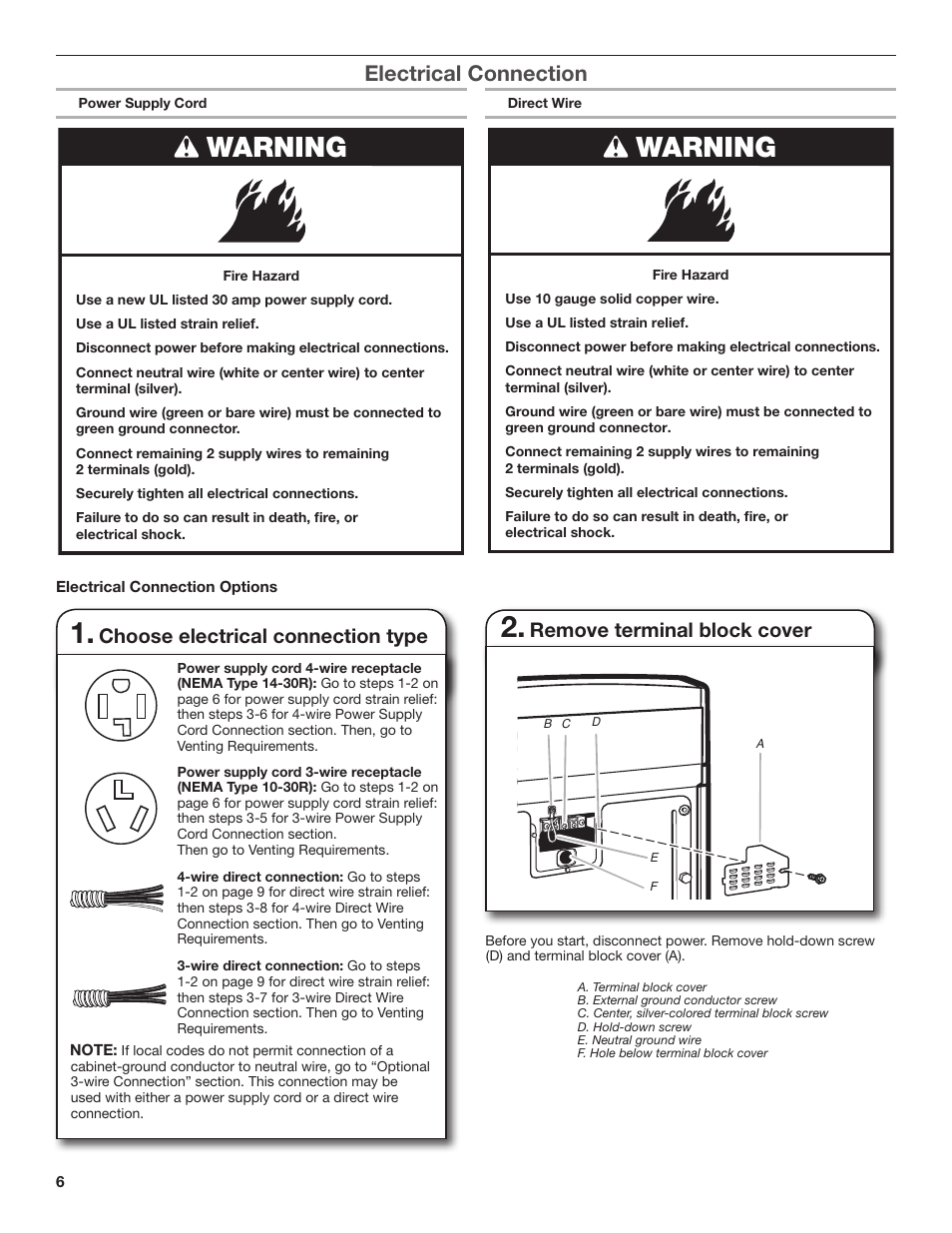 Warning, Electrical connection, Choose electrical connection type | Remove terminal block cover | Amana W10300459A User Manual | Page 6 / 20