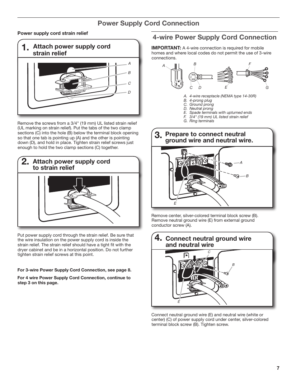 Wire power supply cord connection, Power supply cord connection, Attach power supply cord to strain relief | Attach power supply cord strain relief, Connect neutral ground wire and neutral wire | Amana W10300459A User Manual | Page 7 / 20