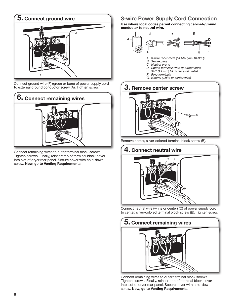 Wire power supply cord connection, Connect remaining wires, Connect ground wire | Connect neutral wire, Remove center screw | Amana W10300459A User Manual | Page 8 / 20