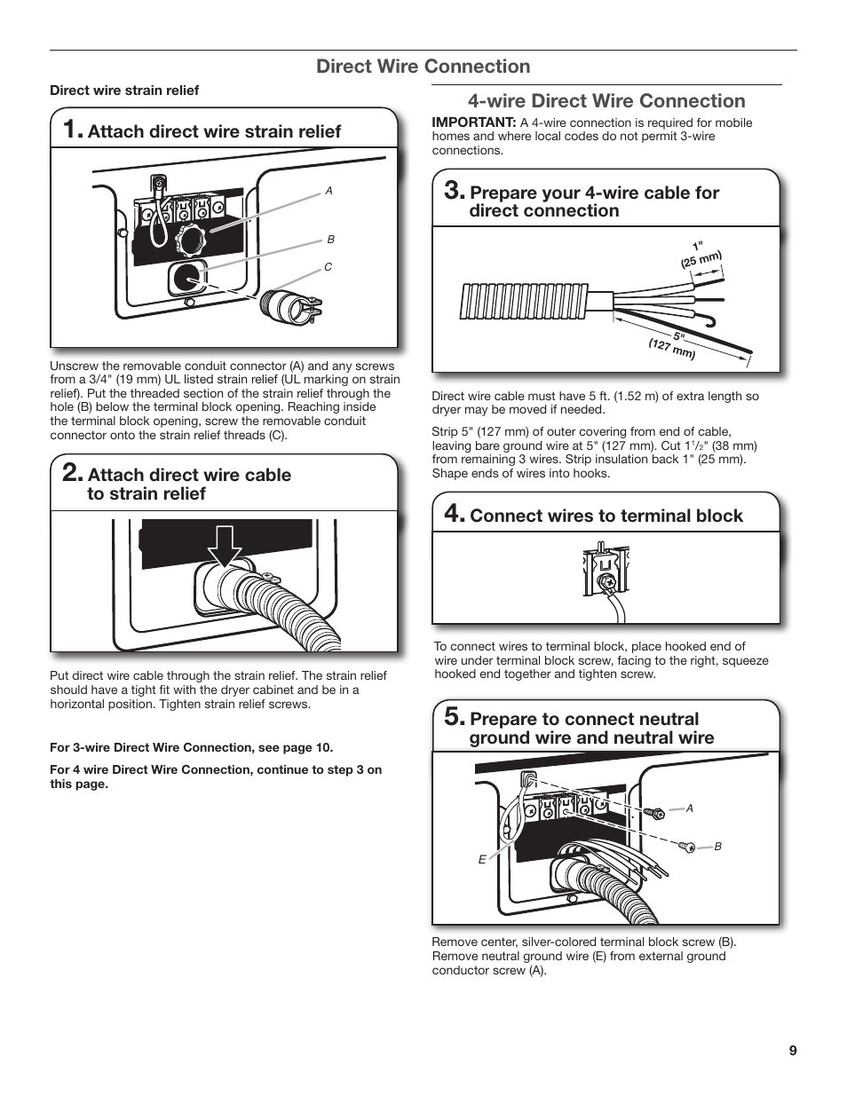 Wire direct wire connection, Direct wire connection, Attach direct wire strain relief | Attach direct wire cable to strain relief, Prepare your 4-wire cable for direct connection, Connect wires to terminal block | Amana W10300459A User Manual | Page 9 / 20