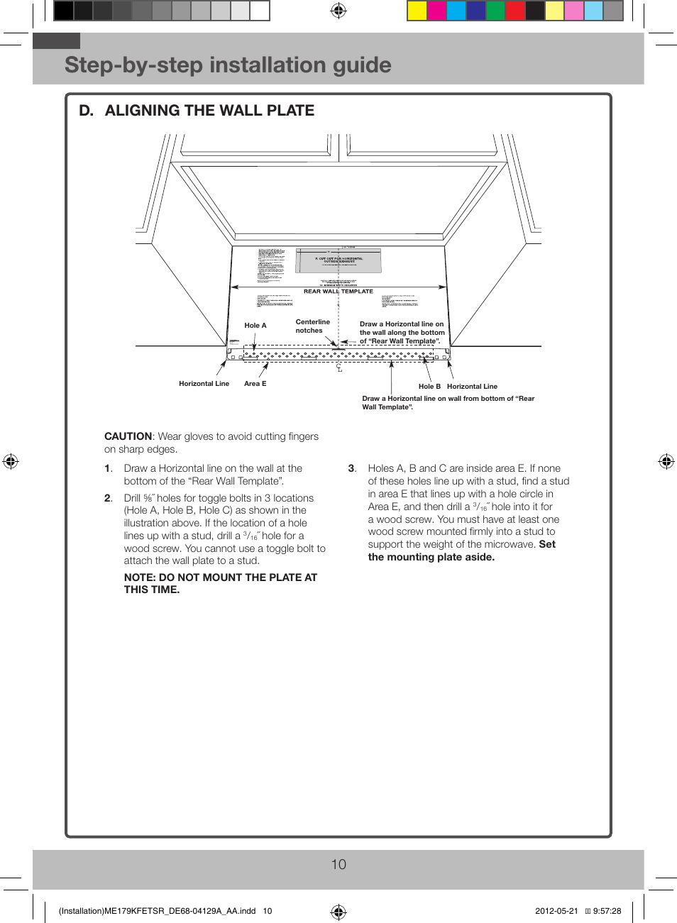 Step-by-step installation guide, D. aligning the wall plate | Samsung ME179KFETSR-AA User Manual | Page 10 / 20