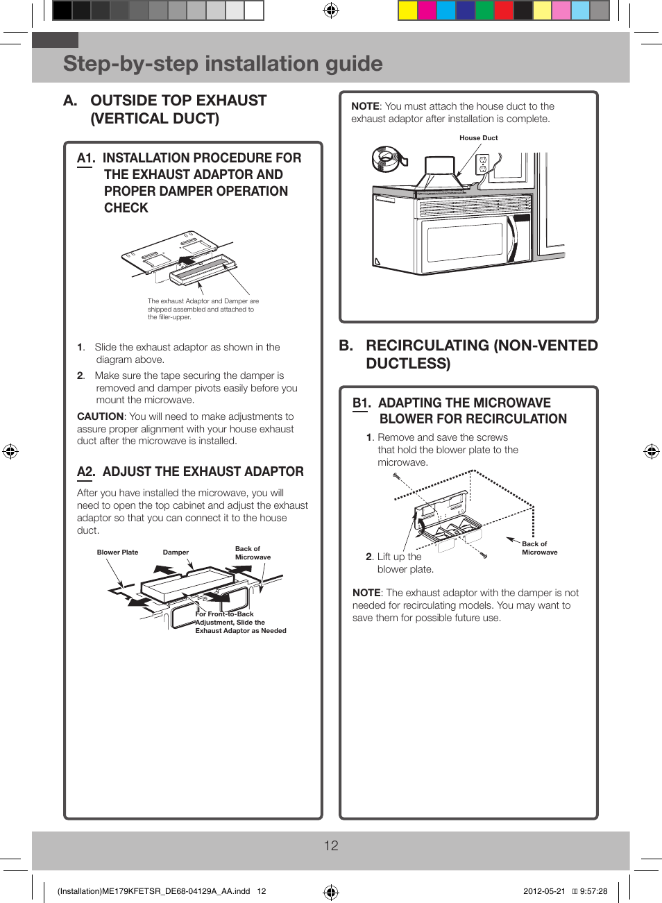 Step-by-step installation guide, A. outside top exhaust (vertical duct), B. recirculating (non-vented ductless) | A2. adjust the exhaust adaptor | Samsung ME179KFETSR-AA User Manual | Page 12 / 20
