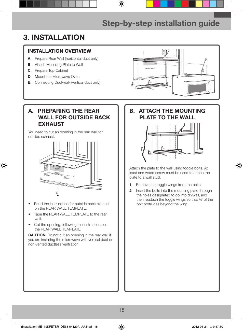Step-by-step installation guide, Installation, B. attach the mounting plate to the wall | Samsung ME179KFETSR-AA User Manual | Page 15 / 20
