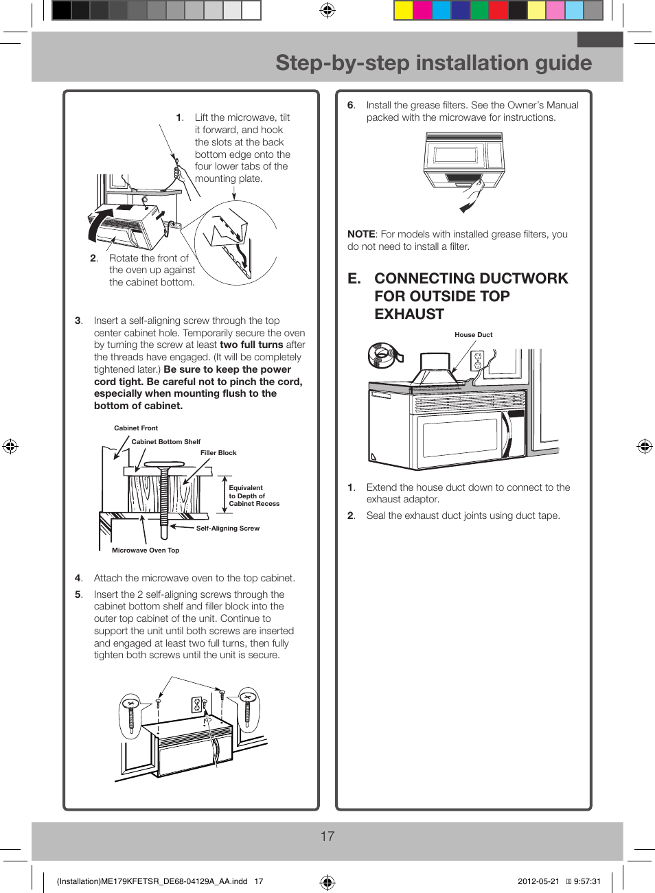 Step-by-step installation guide, E. connecting ductwork for outside top exhaust | Samsung ME179KFETSR-AA User Manual | Page 17 / 20