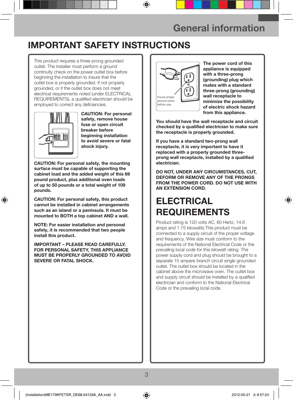 General information, Important safety instructions, Electrical requirements | Samsung ME179KFETSR-AA User Manual | Page 3 / 20