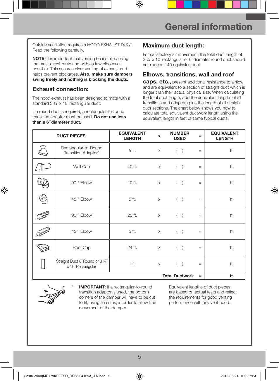 General information, Exhaust connection, Maximum duct length | Elbows, transitions, wall and roof caps, etc | Samsung ME179KFETSR-AA User Manual | Page 5 / 20