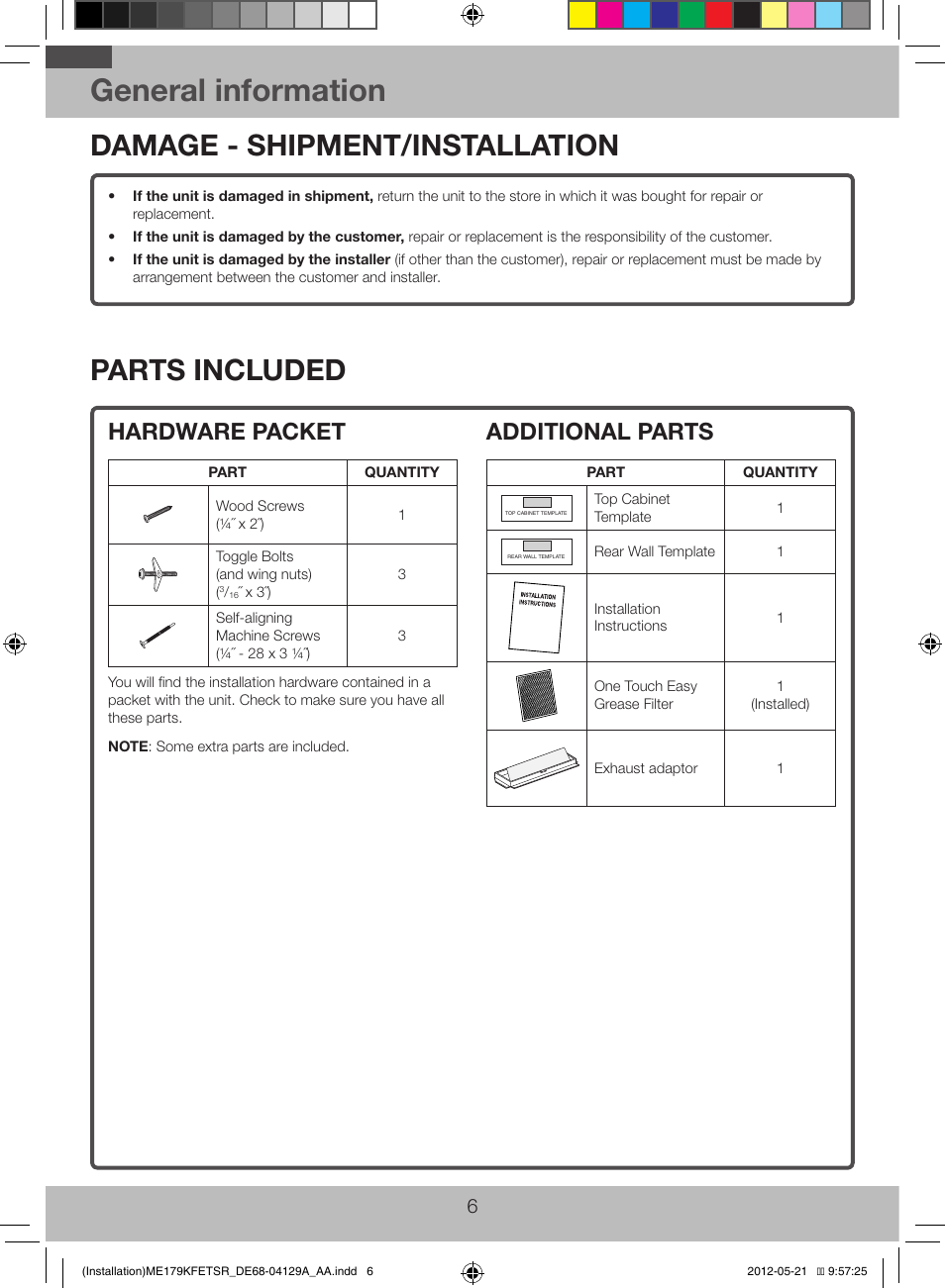 General information, Damage - shipment/installation, Parts included | Hardware packet, Additional parts | Samsung ME179KFETSR-AA User Manual | Page 6 / 20
