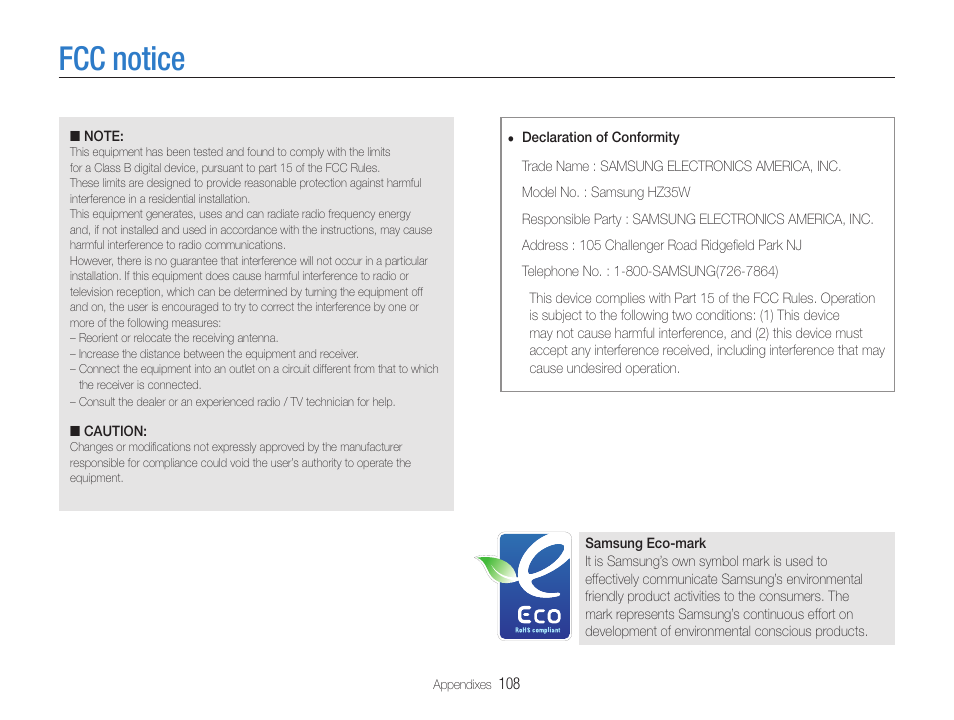 Fcc notice | Samsung EC-HZ35WZBPBUS User Manual | Page 109 / 113