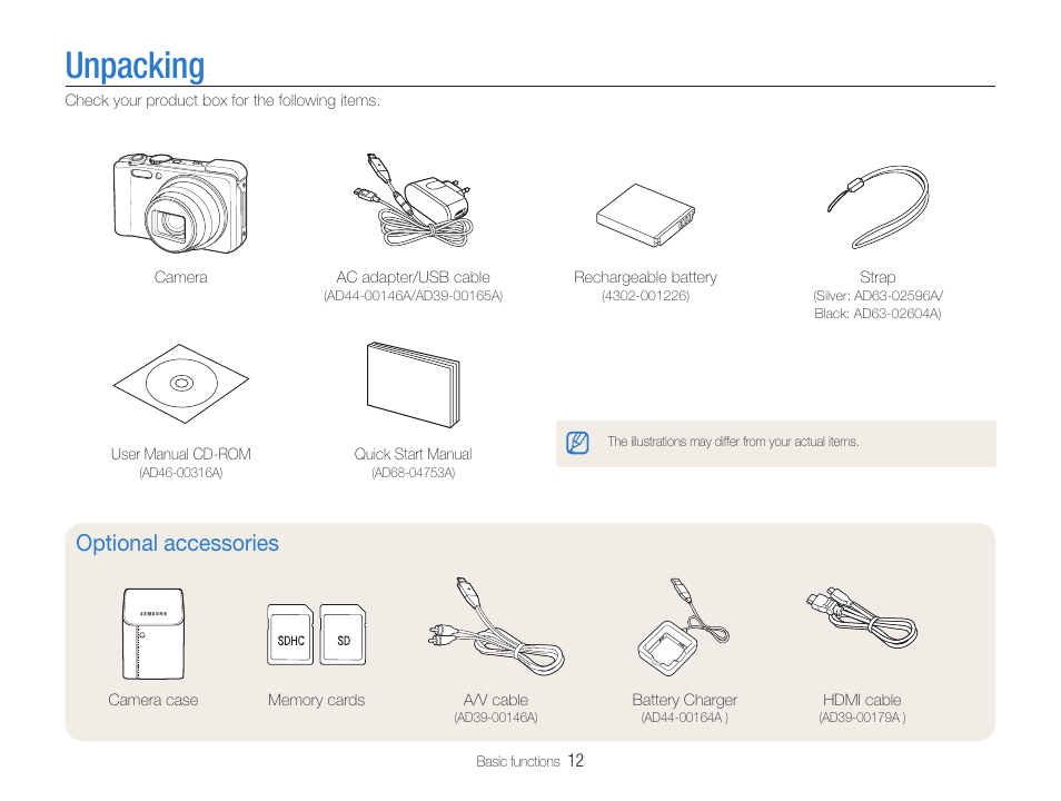 Unpacking, Unpacking …………………………………………………12, Optional accessories | Samsung EC-HZ35WZBPBUS User Manual | Page 13 / 113