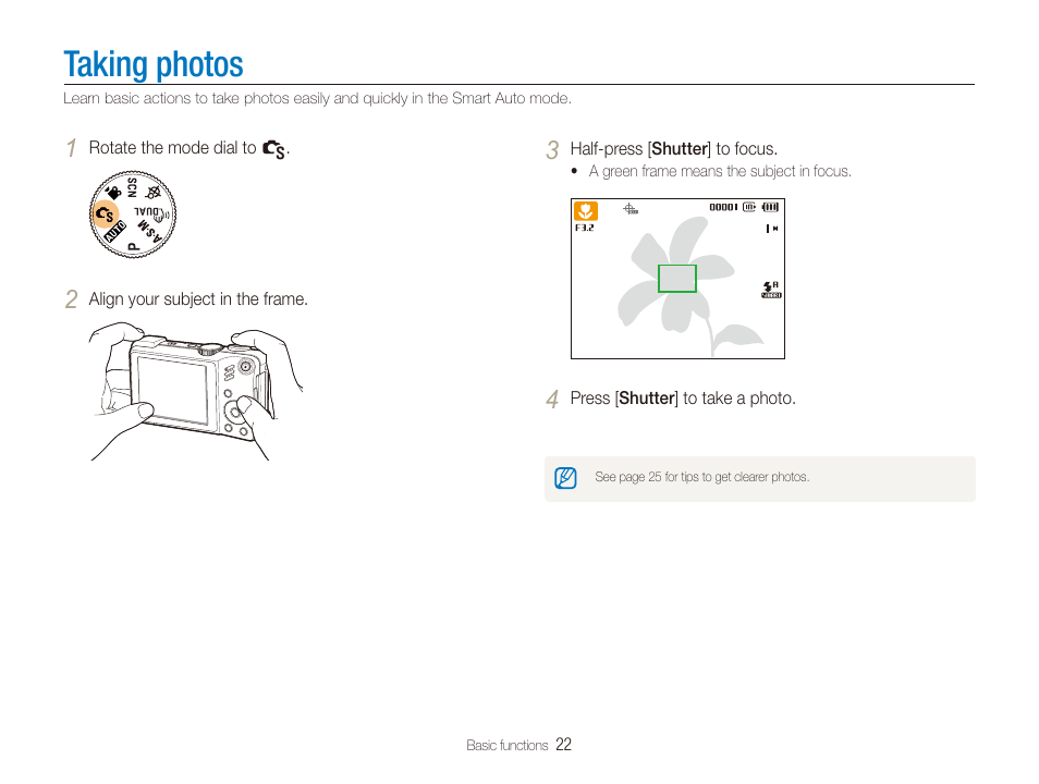 Taking photos, Taking photos ……………………………………………22 | Samsung EC-HZ35WZBPBUS User Manual | Page 23 / 113