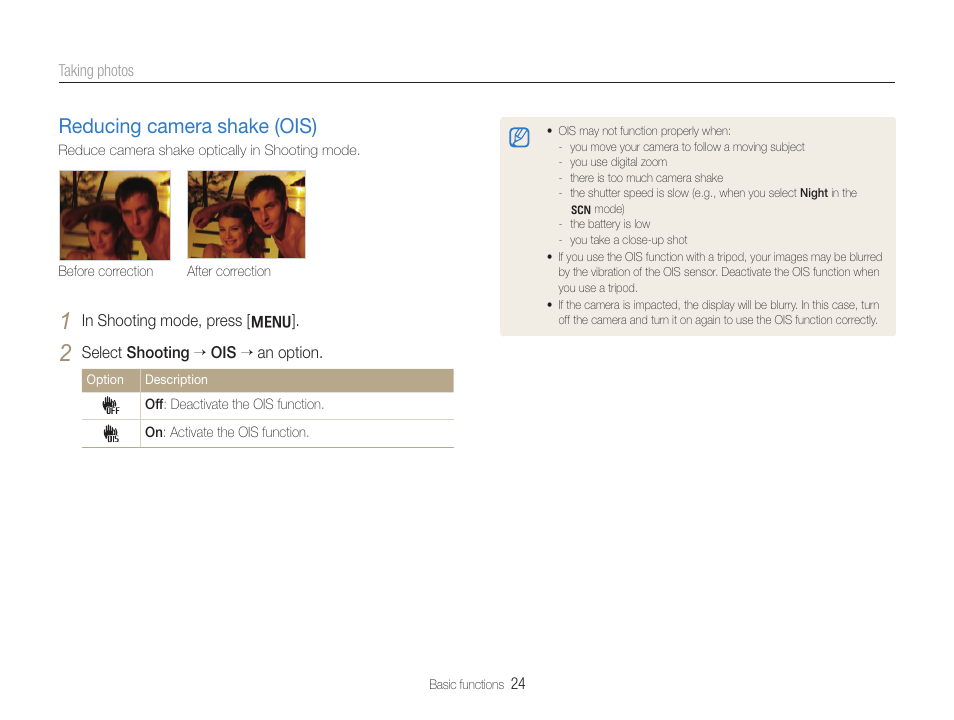 Reducing camera shake (ois), Reducing camera shake (ois) ……………………………… 24 | Samsung EC-HZ35WZBPBUS User Manual | Page 25 / 113