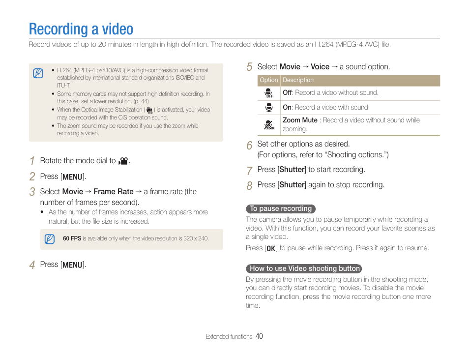 Recording a video | Samsung EC-HZ35WZBPBUS User Manual | Page 41 / 113