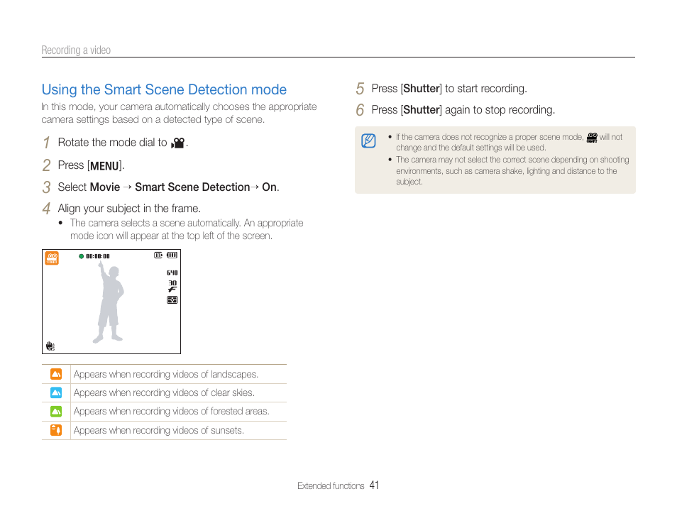 Using the smart scene detection mode | Samsung EC-HZ35WZBPBUS User Manual | Page 42 / 113
