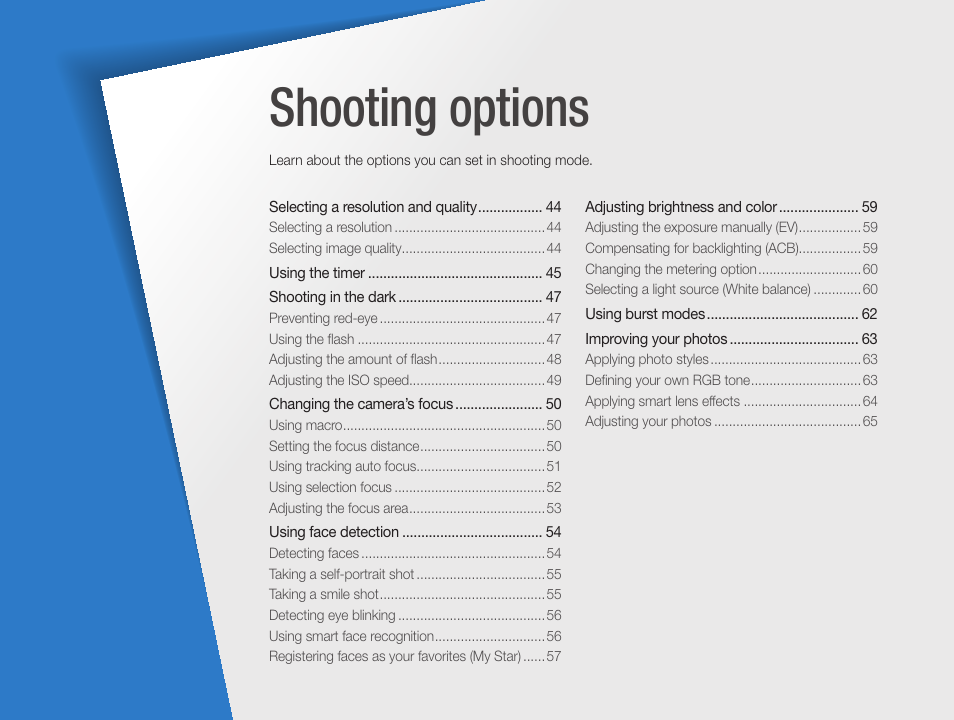 Shooting options | Samsung EC-HZ35WZBPBUS User Manual | Page 44 / 113