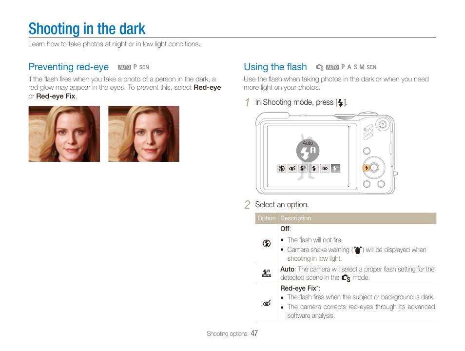 Shooting in the dark, Preventing red-eye, Using the flash | Preventing red-eye using the ﬂash, Using the ﬂash | Samsung EC-HZ35WZBPBUS User Manual | Page 48 / 113