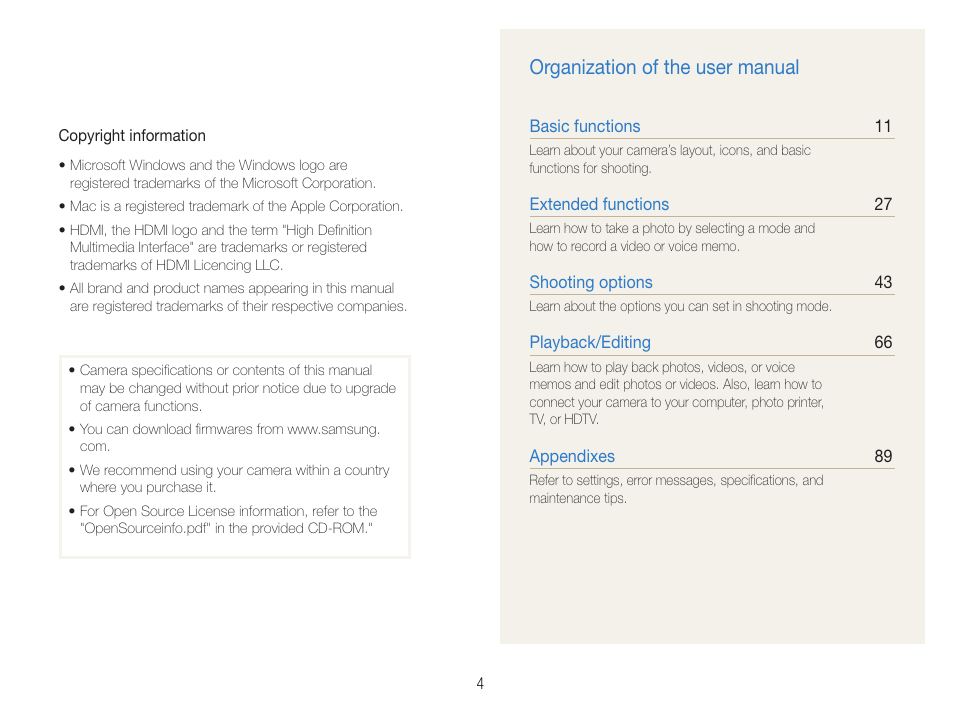 Organization of the user manual | Samsung EC-HZ35WZBPBUS User Manual | Page 5 / 113