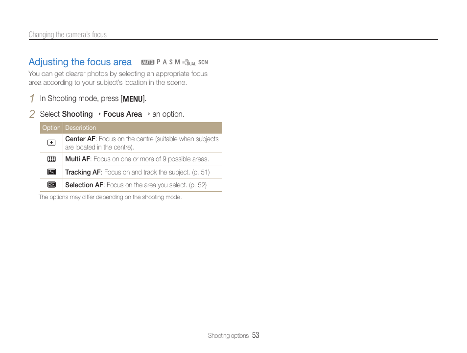 Adjusting the focus area | Samsung EC-HZ35WZBPBUS User Manual | Page 54 / 113