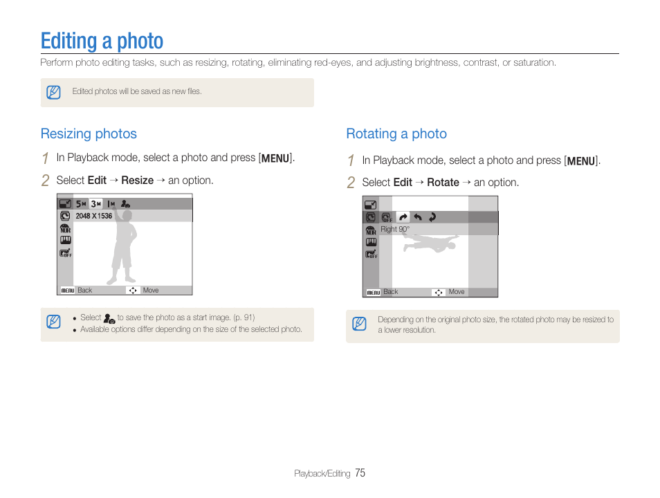 Editing a photo, Resizing photos, Rotating a photo | Resizing photos rotating a photo | Samsung EC-HZ35WZBPBUS User Manual | Page 76 / 113