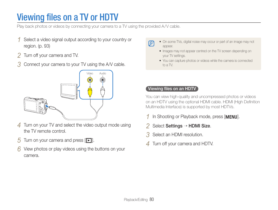 Viewing files on a tv or hdtv, Viewing ﬁles on a tv or hdtv | Samsung EC-HZ35WZBPBUS User Manual | Page 81 / 113