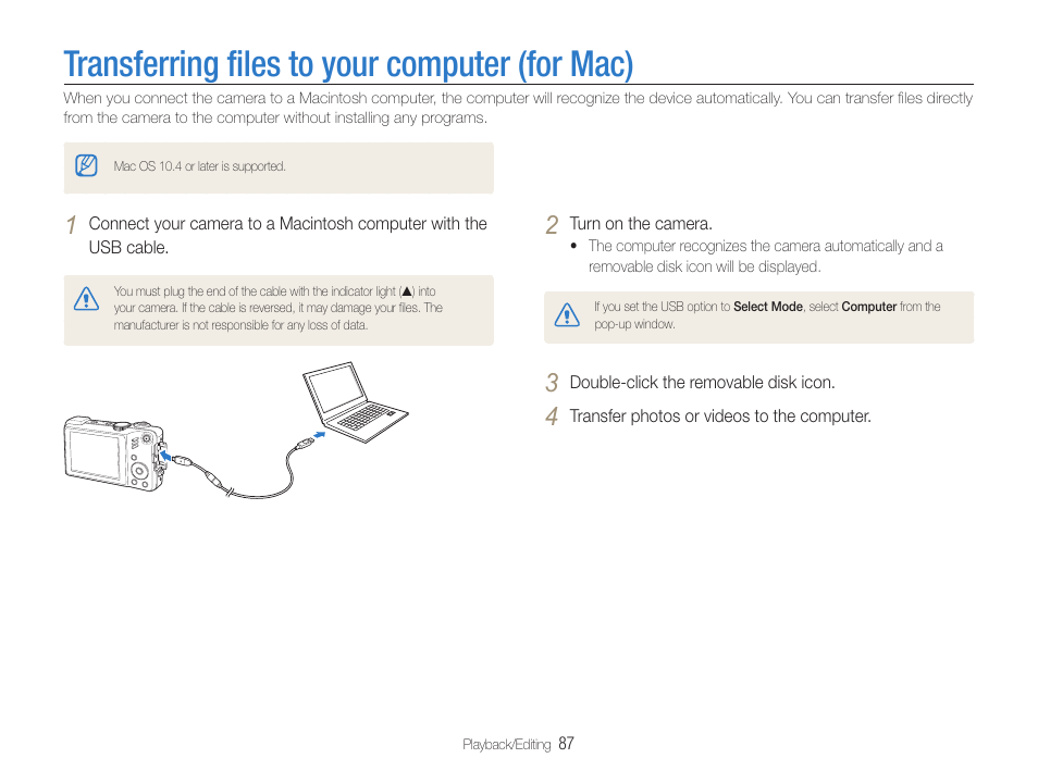 Transferring files to your computer (for mac), Transferring ﬁles to your computer (for mac) | Samsung EC-HZ35WZBPBUS User Manual | Page 88 / 113