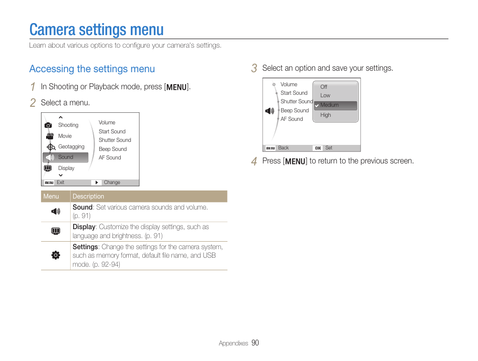 Camera settings menu, Accessing the settings menu | Samsung EC-HZ35WZBPBUS User Manual | Page 91 / 113