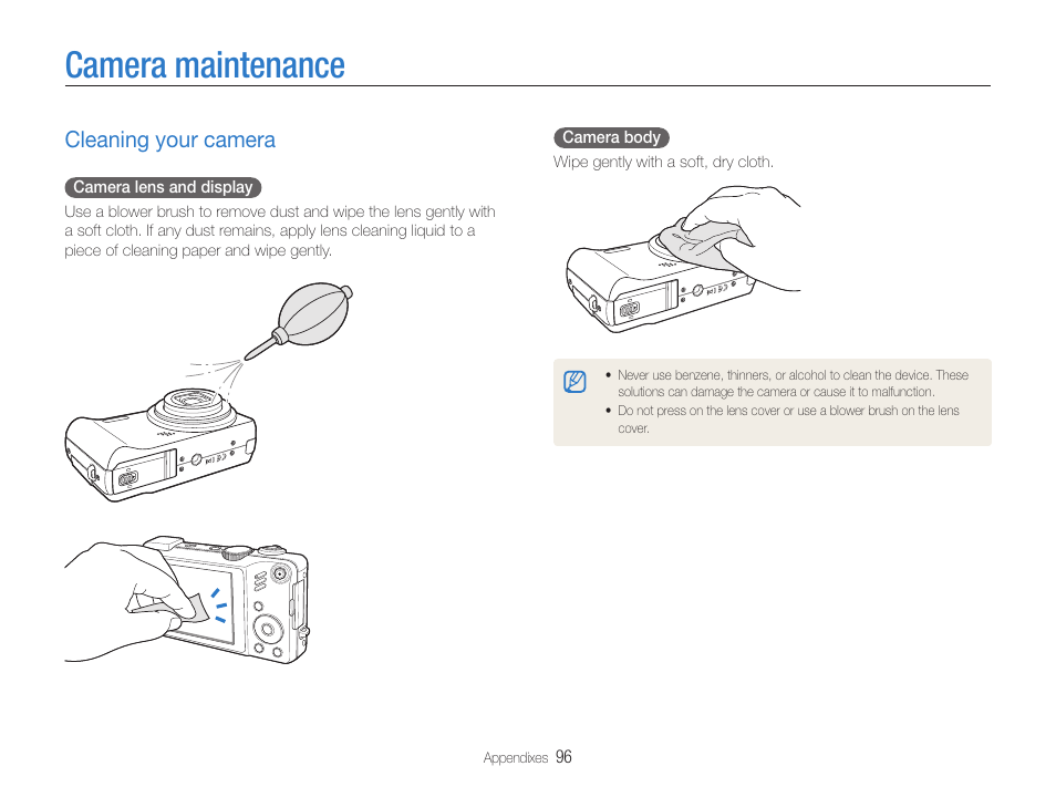 Camera maintenance, Cleaning your camera | Samsung EC-HZ35WZBPBUS User Manual | Page 97 / 113